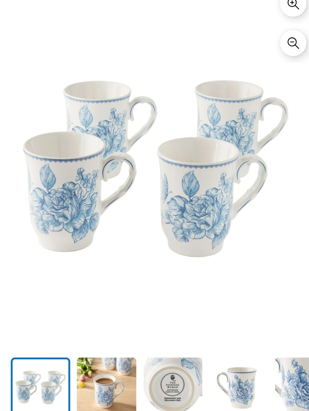 New The Pioneer Woman Agatha Blue and White Floral Mugs - Set of 4